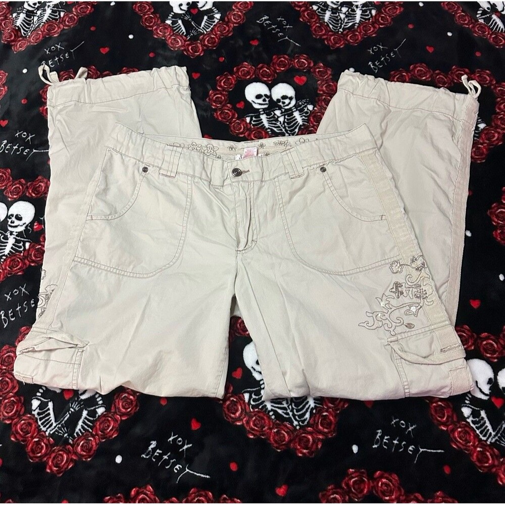 Y2K Xhilaration Beaded Sequin Cargo Pants Beige Adjustable Sz 15 Womens/Junior